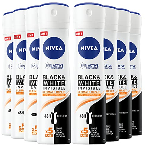 Nivea Black & White Invisible Ultimate Impact Deodorant Spray Antitranspirant 48h SkinActive Protection Alkoholfrei gegen schlechte Gerüche, Schweißflecken, Rückstände, Irritationen – 8 Flaschen à 150