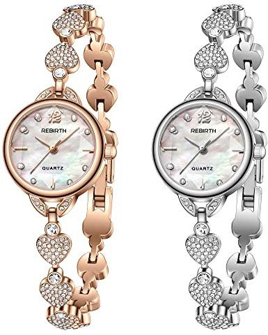 JewelryWe 2pcs Damenuhr Analog Quarz Armbanduhr Elegant Schmal Strass Herz Metall-Armband Uhr Damen 30m Wasserdicht Armkette Uhren mit Muschel Zifferblatt und Werkzeug Geschenk für Frauen Mädchen