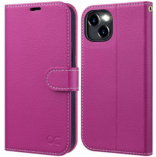 OCASE Etui Coque iPhone 15, Antichoc TPU Housse iPhone 15 Cuir PU Portefeuille Etui [RFID Blocage] [Béquille] [Fentes pour Cartes] Protection Coque pour iPhone 15 (6,1 Pouces) - Rose Framboise