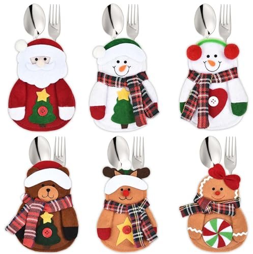 ACTOYS Bestecktaschen für Weihnachten, 6 Stück Filz, Weihnachtsmann, Schneemann, Lebkuchenmann, weihnachts Tischdeko, Weihnachtstisch Deko für Messer Gabel Dessertlöffel