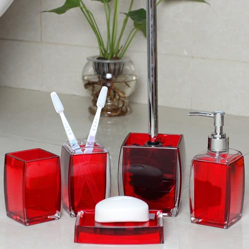TUANYO 5-teiliges rotes Acryl-Badezimmerzubehör-Set, Komplettset, Lotion/Seifenspender, Seifenschale, Zahnbürstenhalter, Becher, WC-Bürste und Halter, modernes Badezimmer-Dekor und