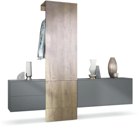 Vladon Garderobe Carlton Set 1, Made in Germany, Flur-Garderobe aus Deko-paneel, Schubladen-Kommode & Schuhschrank, Anthrazit matt/Eiche Ribbeck (209 x 193 x 35 cm)