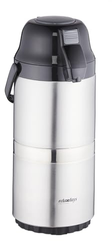 Relaxdays Termo para Café con Dispensador de 3 L, Tapa con Bomba y Pulsador, Oficina, Gastronomía, Plateado y Negro