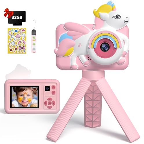 Kinderkamera, Kinder Einhorn Kamera 1080P 2.0”Display Digitalkamera mit Stativ 32GB Karte, Selfie Fotoapparat Kinder Geschenke für Mädchen ab 3 Jahre und Geburtstag Spielzeug Rosa