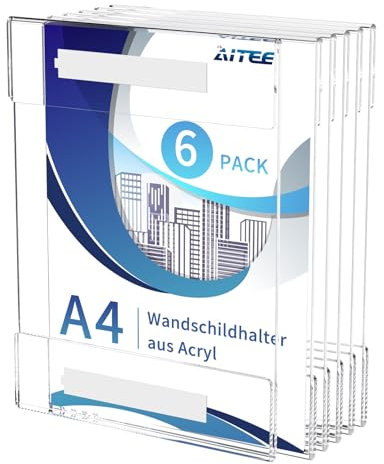 AITEE Porte-affiche mural en acrylique A4 : 6 pièces de support mural transparent avec bandes adhésives 3M sans perçage auto-adhésives pour fixation murale pour bureau, maison, magasin, restaurant