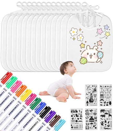 Toaren 14 Stück Lätzchen zum Bemalen Lätzchen Weiß lätzchen Baby zum Bemalen mit 12 Farbigem Farbigem Textilstiften und 5 Malen Schablonen, Doppelseitiges Baby Lätzchen für Babyshower Junge Mädchen