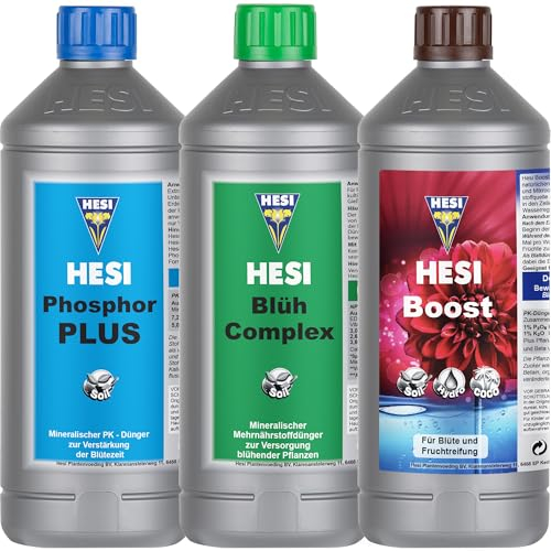 Hesi Bloom Complex 1L, Hesi Phosphor Plus 1L und Hesi Boost 1L Set – Blüte-Booster & PK-Dünger für Üppige Blüten, Phosphor- und Kaliumdünger, Optimale Nährstoffversorgung