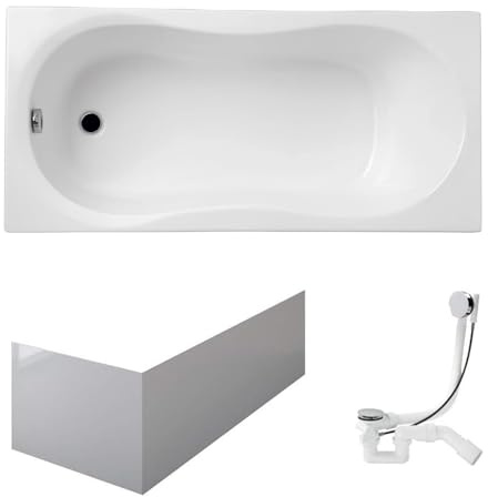 VBChome Badewanne 120x75 cm Weiß Acryl Schürze Wannenfüße Siphon Rechteckig Wanne Abfluss Design Modern Ablaufgarnitur in Chrom Badewanne mit Schürze