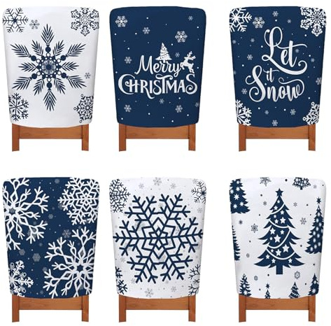 Treer Stuhlhussen Weihnachten 6er Set, Stretch Stuhlüberzug Weihnachten Abnehmbar, Weihnachtliche Stuhlbezüge für Küchenstühle Deko (6 Stück, Blau)