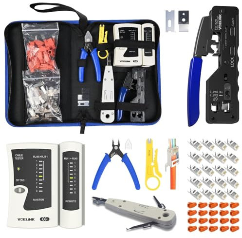 Netzwerk Werkzeug Set,RJ45 Crimpzange Netzwerkstecker Set mit 20xRJ45 Stecker Cat7/Cat6a Pass Through, Netzwerktester,LSA Auflegewerkzeug,Abisolierzange,Profi RJ45/11/12 Reparaturwerkzeuge,Stofftasche
