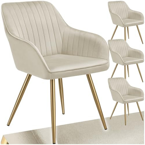 tectake® Esszimmerstuhl, gesteppter Samtstoff Stuhl, mit Armlehnen, als Essgruppe, Küchenstühle modern, gemütlicher Sessel Wohnzimmer, Dining Lounge, Schminktisch Stuhl- Creme/Gold, 4er Set