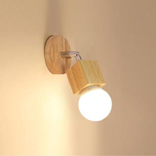 LIGKIN Applique da Parete in Legno Retrò Lampada da Parete Deco Spot da Parete 350° Rotante Illuminazione da Parete Industriale E27 Plafoniera Interna per Corridoio Camera da letto Scala (Quadrato)