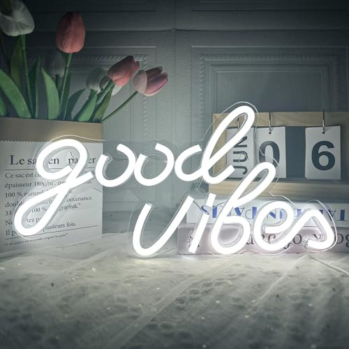 Good Vibes Neon Sign, LED Neon Light Signs for Wall Decor, Art Decoration Letter Neon Light Sign for Bedroom Decor,Birthday Party,Wedding,Valentines Day Gift (Good Vibes-White),40 x 24CM