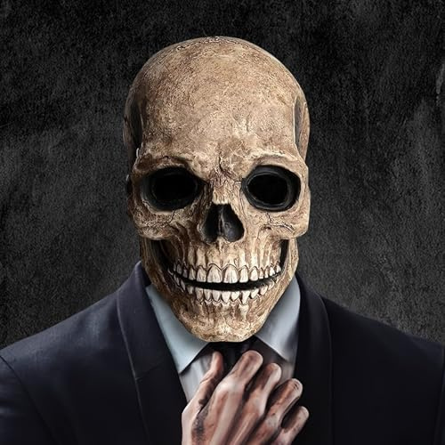 Shalwinn Horror Halloween Totenkopf Maske Gruselig Vollkopf Skelett Maske mit Beweglichem Kiefer, Halloween Kostüm Deko für Herren Damen Halloween Party Rollenspiele