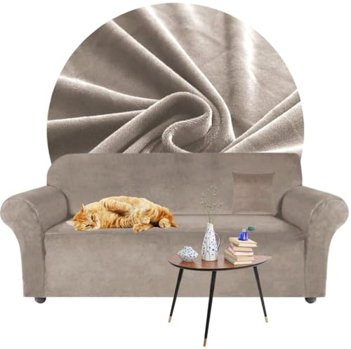 Domidekor - Sofa Überzug Beige - Couch und Sofabezug 4 Sitzer - Sofaüberwurf für Wohnzimmer - Sesselbezug Stretch - Elastische Samt Couchbezug - Breite 235-300cm - Oeko-Tex 100