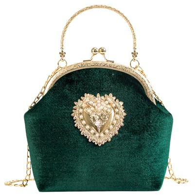 CRFASIBE Damen Samt Clutch, Vintage Kiss Lock Abendtasche mit Kette | Elegante Crossbody Schultertasche, Herz-Design, Abnehmbare Tragekette, Handtasche für Prom Bankett Hochzeit Party