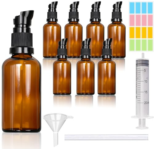 CafullCon 8 Pack Empty Lotion Pump Bottle, 50ml Refillable Amber Glass Lotion Pump Press Bottles for Toiletries, Leak-proof Liquid Travel Containers for Shampoo Cosmetic Emulsion Essential Dispenser