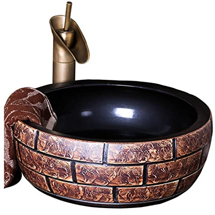 Waschbecken, Waschtisch, 41,9 cm, rund, Aufsatzwaschbecken, braun, Keramik-Aufsatzwaschbecken, Aufsatzwaschbecken, Badezimmer, Porzellan, Aufsatzwaschbecken, Badezimmer,