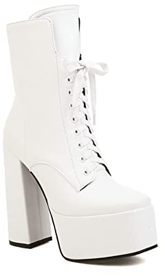 GHSIRUEU Donna Gli Stivaletti Tacco Alto Plateau con Cerniera Moda Stivali Tacco A Blocco,Bianca,42 EU