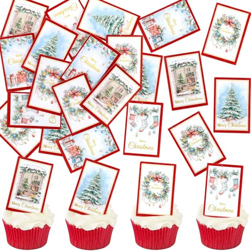 Blumomon 50Pcs Edible Merry Christmas Cupcake Decorations Fun Christmas Theme Birthday Party Baby Shower Cake Decorations Supplies