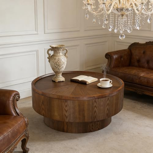 RZTPYS Moderner runder Couchtisch mit Stauraum, Light Brown d78cm | Holzerner Rillen-Couchtisch Trommelform mit stabiler Basis, säulenfußiger runder Salontisch für Wohnzimmer, Wohnung und Büro