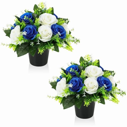 SurezoTich 2 Pcs Artificial Flowers for Graves Pots, Blue White Roses | Outdoor Decorations Cemetery Ornaments, for Cemetery, Grave Displays, Memorial Tributes, Home Garden Floral Arrangement
