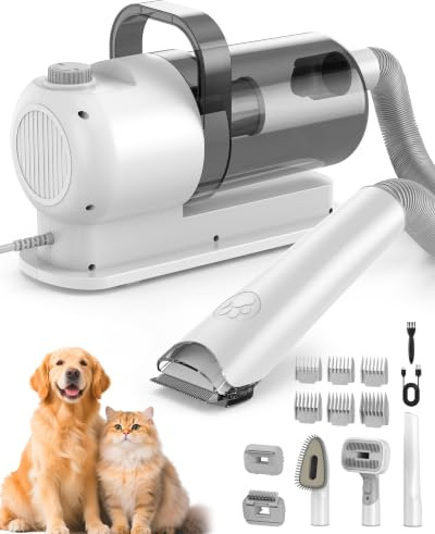 Aspirateur Toilettage Chien Chat, Tondeuse Chien avec Aspiration 15000PA | Grand Bac 2,5L,Silencieuse ≤60dB, Brosse Aspirante, 6 Accessoires, Coupe Réglable, Captures 99% des Poils, Idéal Chien Chat