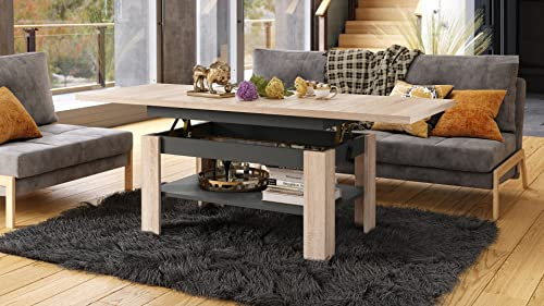 Rio Couchtisch ausziehbar höhenverstellbar 130/170 cm in Sonoma Eiche / Anthrazit Matt modern Ablage Wohnzimmertisch Esstisch Beistelltisch Sofatisch Couch Tisch living room table Wohnzimmer