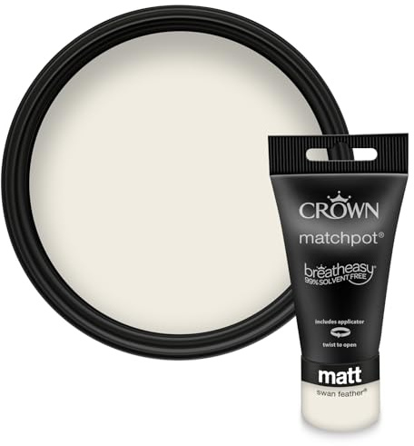 Crown WALLS & CEILINGS Soft White Matt Paint Tester - Sample 40ml | Try Swan Feather before you buy. See the true colour on your wall, in your own light. Low VOC, low odour, breatheasy