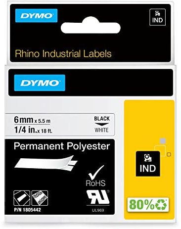DYMO Rhino Industrie Permanente Polyesteretiketten | 6 mm x 5,5 m | Schwarz auf Weiß | selbstklebendes Schriftband | für DYMO Rhino und LabelManager Beschriftungsgerät