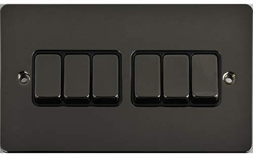 Schneider Electric Ultimate Flat Plate - 6 Gang Rocker 2 Way Light Switch, Single Pole, 16AX, GU1262BBN, Black Nickel with Black Insert