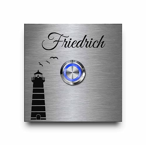 Edelstahl Türklingeln mit individueller Gravur - Klingel Größen ab 8x8 cm und Premium LED Klingelknopf Taster | Klingelschilder optional mit schönen Acrylplatten | Gravierte Klingelplatte