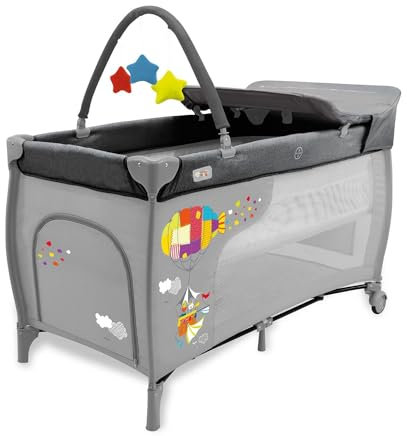 Asalvo Cuna de Viaje 4 en 1 para Bebé con Doble Altura, Arco de Juegos, Plegado Compacto, Base Acolchada y Bolsa de Transporte Mix Plus Zeppelin Gris