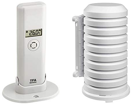 TFA Dostmann Weatherhub Thermo-Hygro-Sender, 30.3303.02, Kontrolle der Temperatur/Raumfeuchtigkeit, mit Display & Dostmann Schutzhülle für Sender Artikel, 98.1114.02, leicht zu montieren, weiß