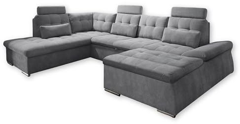 NALO Wohnlandschaft in U-Form, Stoffbezug Dunkelgrau - Ausziehbares Sofa mit Schlaffunktion & Bettkasten - 324 x 107 x 170 (218) cm (B/H/T)