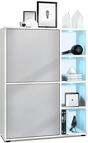 Vladon Highboard Schrank Anrichte Cuba mit 8 Fächern, Made in Germany, Korpus in Weiß matt/Fronten in Hellgrau seidenmatt, mit RGB LED Beleuchtung