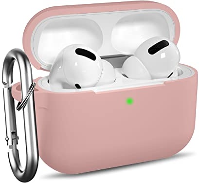 Ouwegaga Kompatibel mit AirPods Pro Hülle - Stoßfeste Silikon Case Schutzhülle [Front-LED Sichtbar] mit Karabiner Kompatibel mit Apple AirPods Pro 2019, Rosa