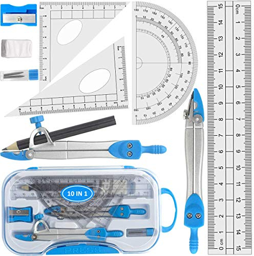 Geometrie Set, 10 Stück Mathematik Set – Zeichenkompass & Winkelmesser, Set mit Bleistift/Spitzer/Radiergummi/Linealen für Schule, Metall Kompass Set Prüfung Federmäppchen Schreibwaren Set (Blau)