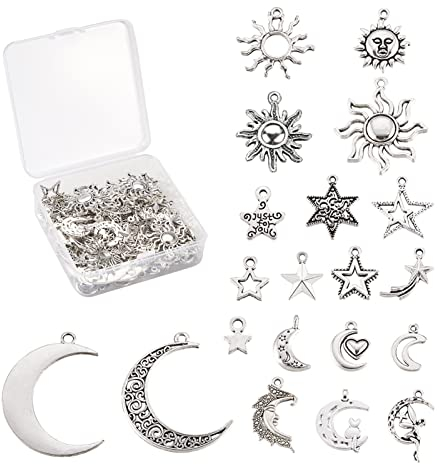 Cheriswelry 100 Stück tibetische Metall-Anhänger, Antik-Silber, Sonne, Mond, Stern, 20 Stile, himmlisch, gemischte Anhänger für die Schmuckherstellung
