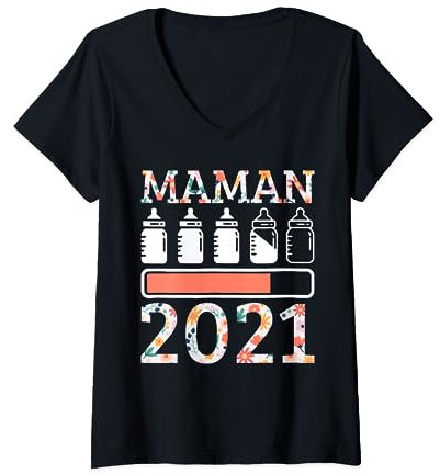 Maman 2021 Idée Cadeau Maman Humour Femme Enceinte Grossesse T-Shirt avec Col en V