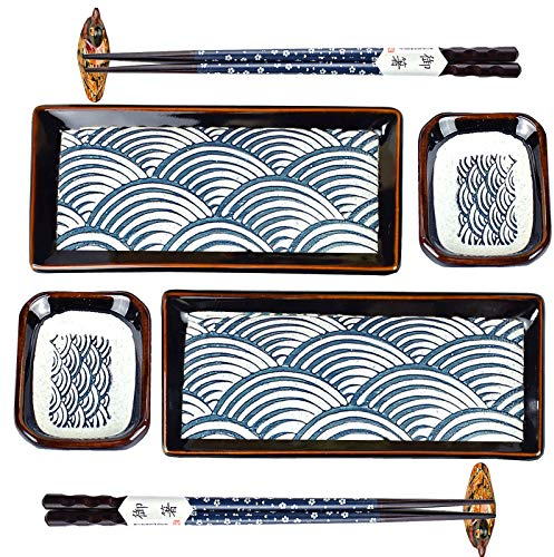 Artcome Lot de 8 assiettes à sushi en céramique de style japonais pour mariage ou pendaison de crémaillère – 2 assiettes à sushi, 2 plats à sauce, 2 paires de baguettes, 2 supports de baguettes
