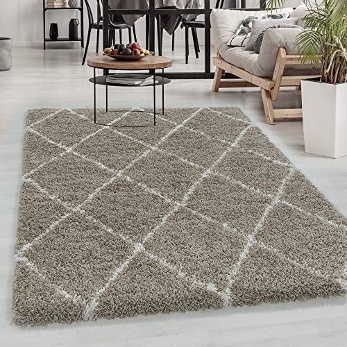 Carpetsale24 Hochflor Teppich Beige 240x340 cm Rauten Design Flauschig- Langflor Wohnzimmerteppich Skandinavischer Stil Shaggy großer Teppich