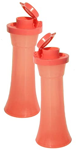 Tupperware Salz- und Pfefferstreuer, Korallenfarbe, Mini-Sanduhr-Design, 10,2 cm hoch, Kunststoff, Durchsichtig, Nahezu Luftdicht und Flüssigkeitsdicht, Spülmaschinenfest, BPA-frei