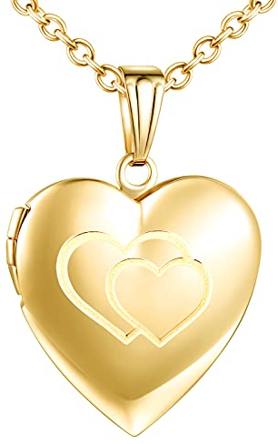 MicVivien Damen Kette Herz Medaillon Zum Öffnen für Bilder Edelstahl Foto Medaillon Aufklappbar Halskette mit Einfach/Love/doppeltes Herz Muster Herzanhänger Schmuck - Farbe Gold