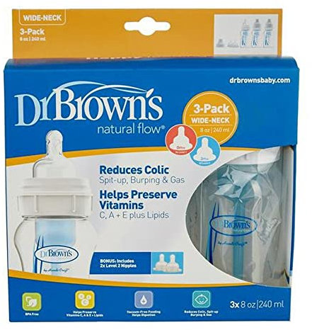 Dr Browns Natural 3 Pack Wide Neck 8oz 3X Level 1 Nipples - Bonus Includes 2X Level 2 Nipples