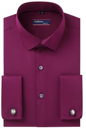 Gollnwe Men's French Cuff Dress Shirt Slim Fit Stretch Solid Long Sleeve Shirts Bussiness Formal Red L