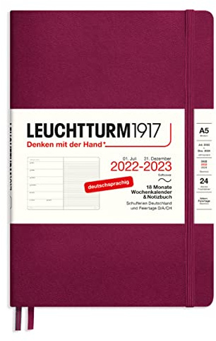 LEUCHTTURM1917 365807 Wochenkalender & Notizbuch Softcover Medium (A5) 2023, 18 Monate, Port Red, Deutsch