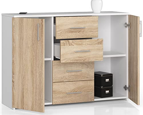 Kommode mit 4 Schubladen und Zwei Türen, Sideboard, Multifunktionsschrank, Wohnzimmer, Esszimmer 110x80x35cm VIELE Farbe! (Weiß/Eiche Sonoma), One size