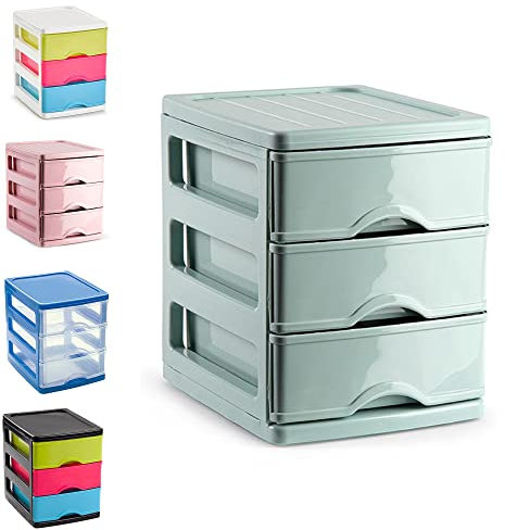 Plastic Desktop Storage Unit with Drawers, Stationary Arts Drawer Desktop Tabletop Organiser Storage Tower Unit for Office Bedroom Garage ((17 x 13.5 x 17cm, 3 Drawers Mint Green))