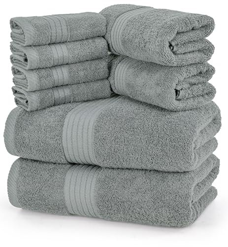 Utopia Towels 8-teiliges Premium Handtuch-Set, 2 Badetücher, 2 Handtücher und 4 Waschlappen, 100% ringgesponnene Baumwolle, sehr saugfähige Handtücher für Badezimmer, Sport und Hotel (Grau)